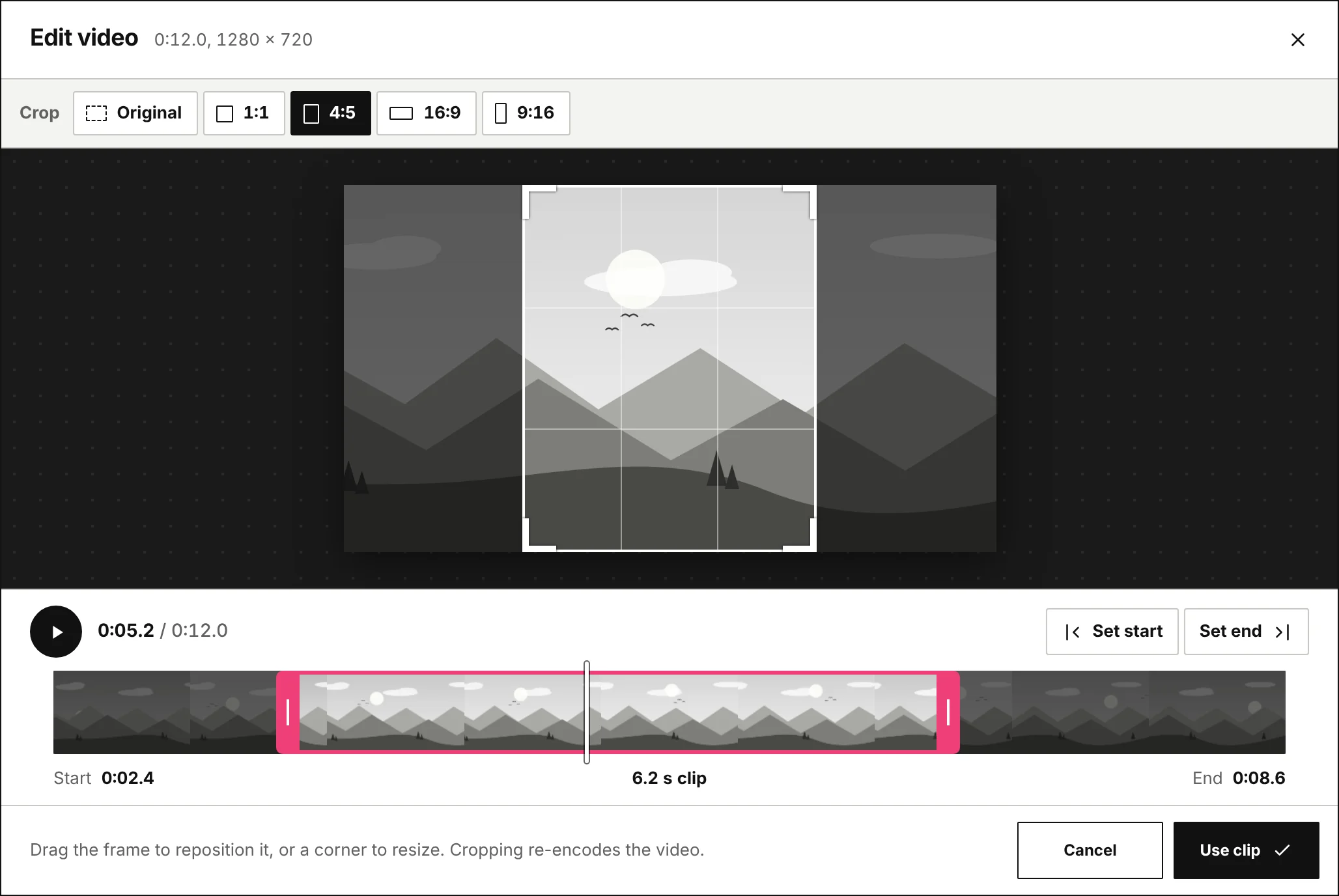 Crossposter's video editor: a landscape clip with a portrait 4:5 crop frame, and a filmstrip timeline below with pink trim handles keeping a 6.2-second clip.